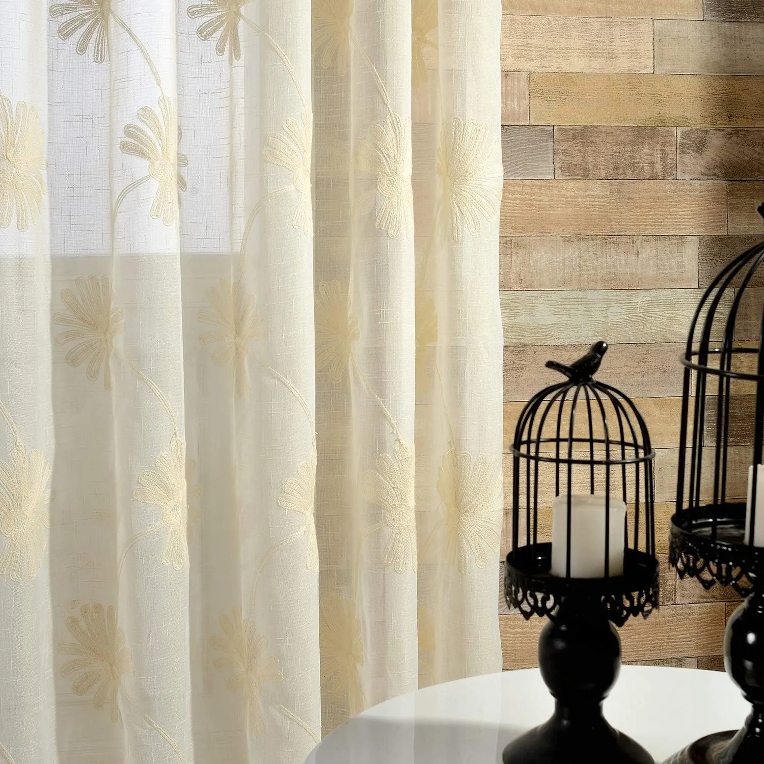 VOGOL 2 Panels Rod Pocket Sheer Curtains Flower Embroidered Elegant Window Drapes for Living Room Bedroom,52x96,Beige