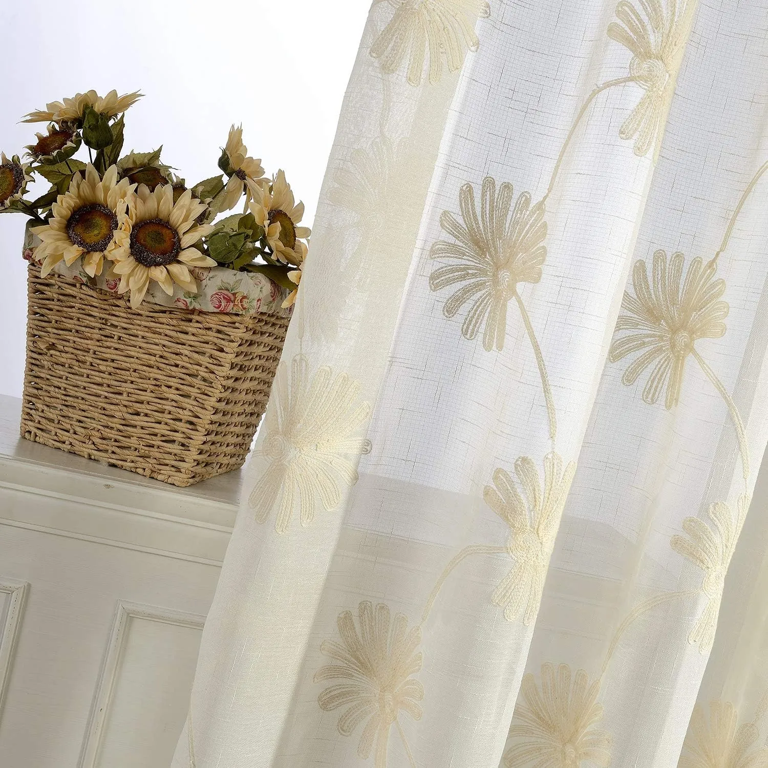 VOGOL 2 Panels Rod Pocket Sheer Curtains Flower Embroidered Elegant Window Drapes for Living Room Bedroom,52x96,Beige