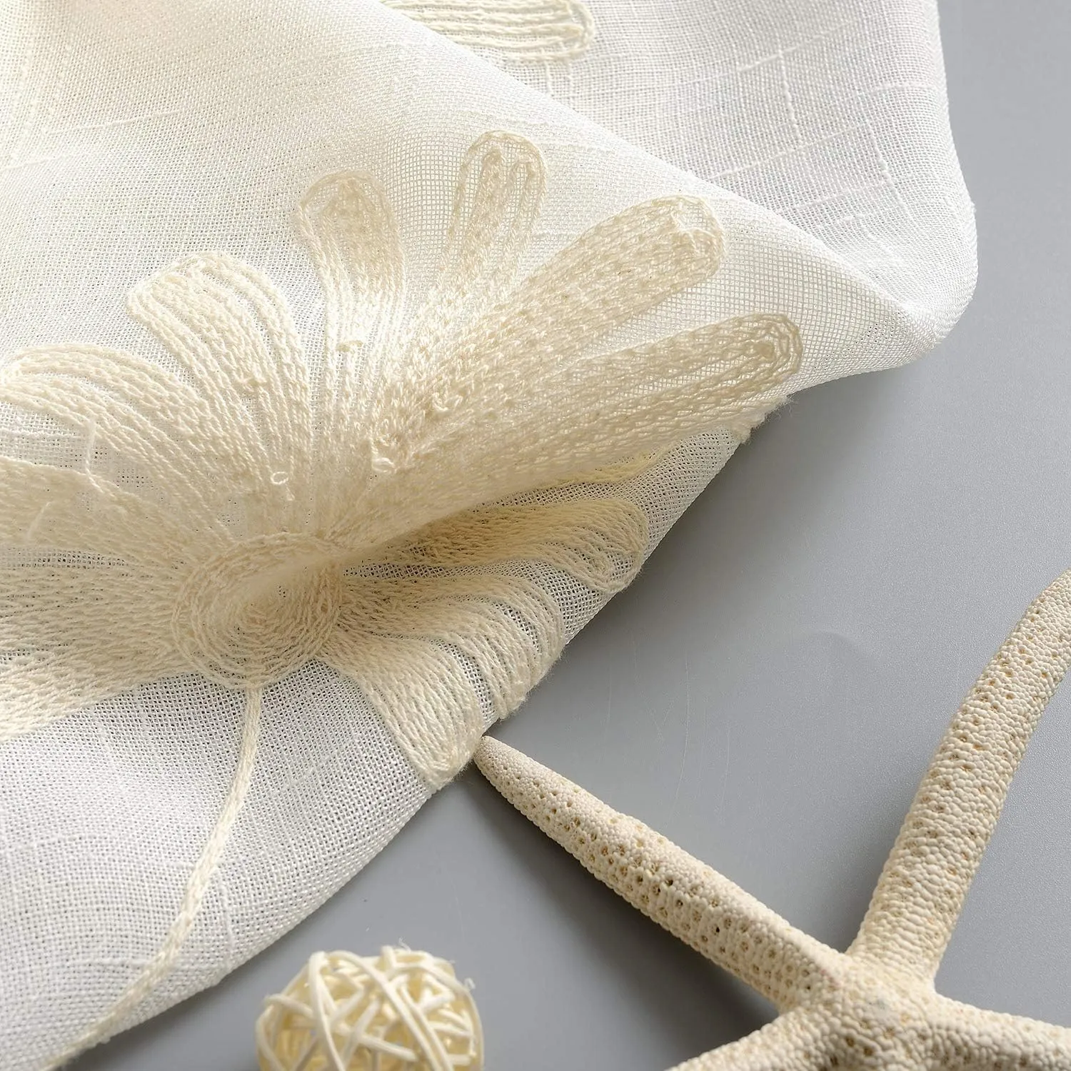 VOGOL 2 Panels Rod Pocket Sheer Curtains Flower Embroidered Elegant Window Drapes for Living Room Bedroom,52x96,Beige