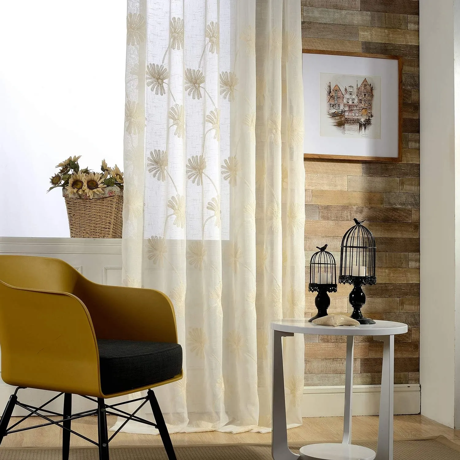 VOGOL 2 Panels Rod Pocket Sheer Curtains Flower Embroidered Elegant Window Drapes for Living Room Bedroom,52x96,Beige