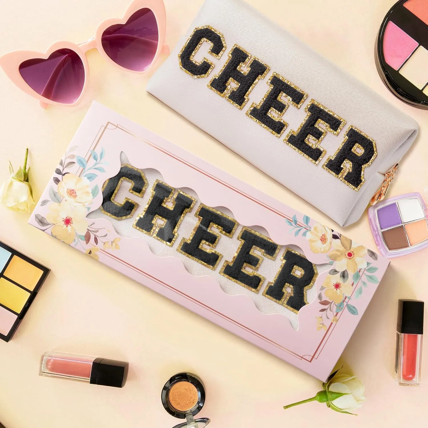 Y1tvei CHEER Large Cosmetic Bag - Preppy Patch CHEER Black Chenille Letter Makeup Bag PU Leather Waterproof Portable Cheer Letter Toiletry Pouch Travel Organizer for Cheerleader Girl (Shell Gold)