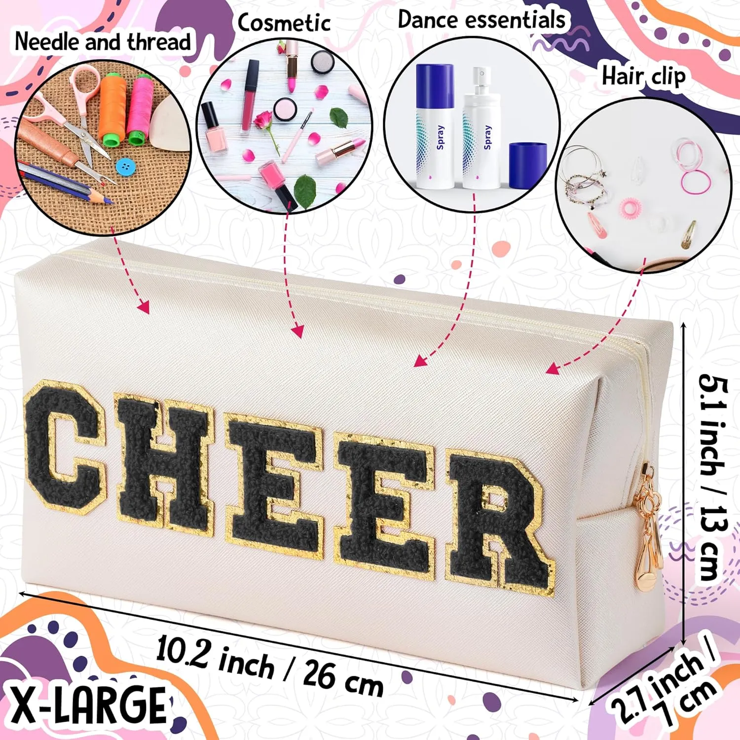 Y1tvei CHEER Large Cosmetic Bag - Preppy Patch CHEER Black Chenille Letter Makeup Bag PU Leather Waterproof Portable Cheer Letter Toiletry Pouch Travel Organizer for Cheerleader Girl (Shell Gold)